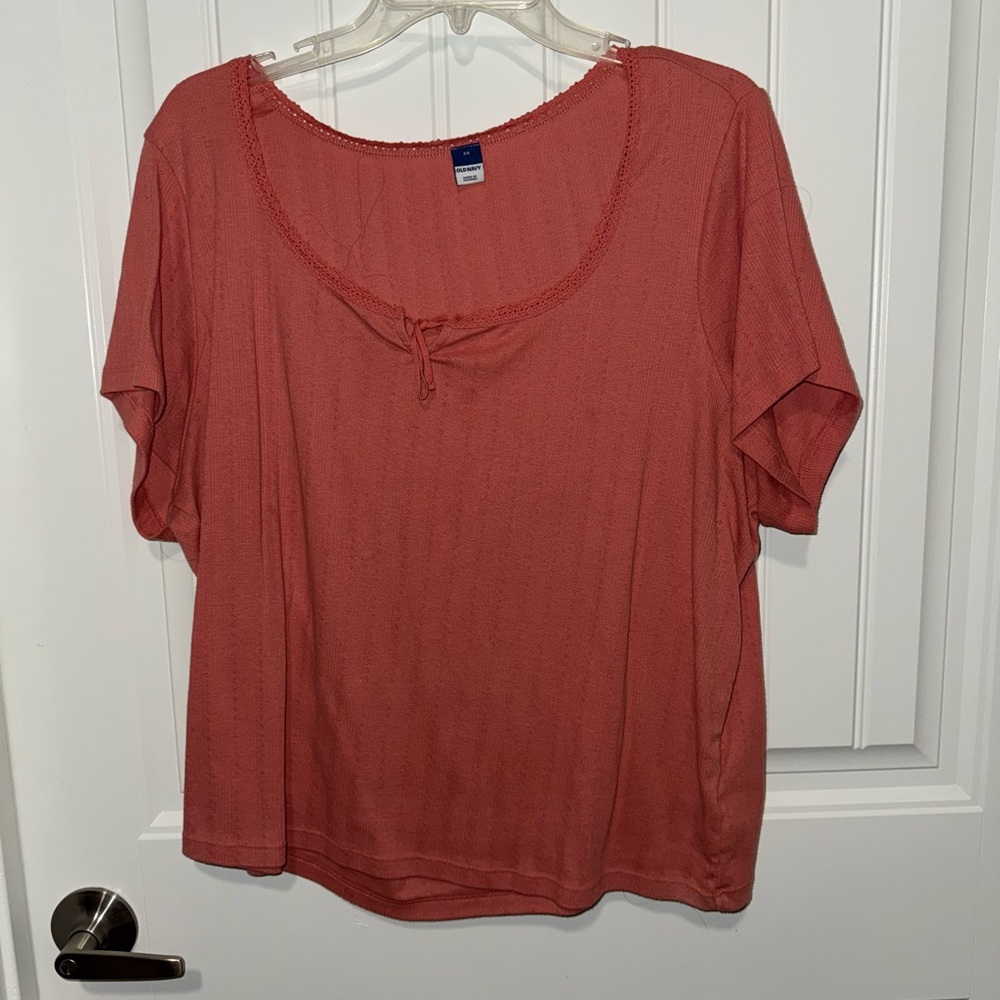Women's Coral Orange Top with Lace Neck Trim